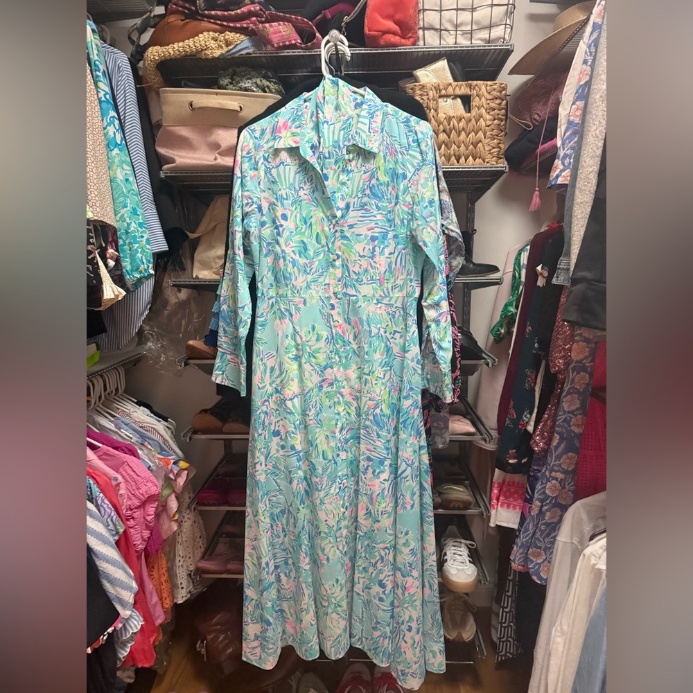 Lilly Pulitzer Blue and Green Patterned Shirt Dress - Picture 3 of 3